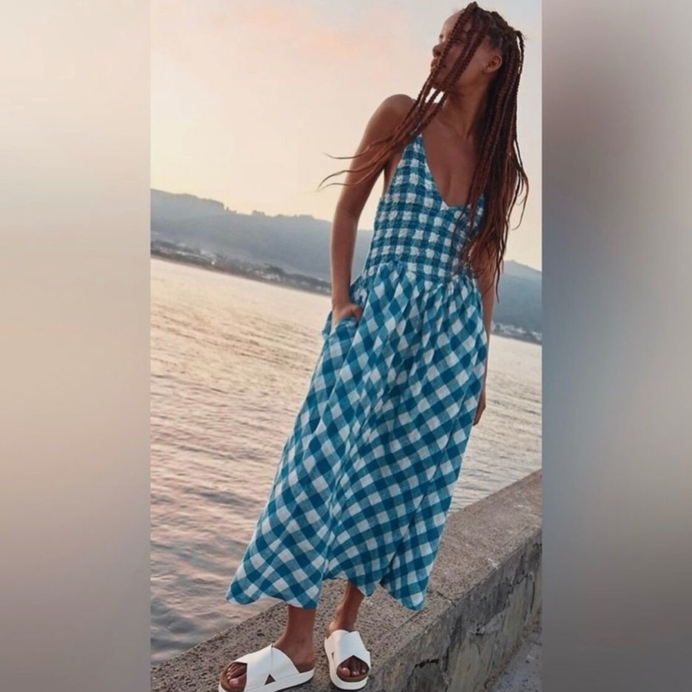 Free People Vera Checkered Midi Dress, Blue, Size L